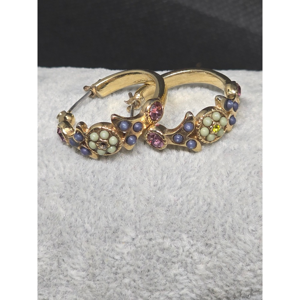 VTGโ Gold Tone Floral Rhinestone Hoop Earrings Pink Blue Green Boho Enamel Style